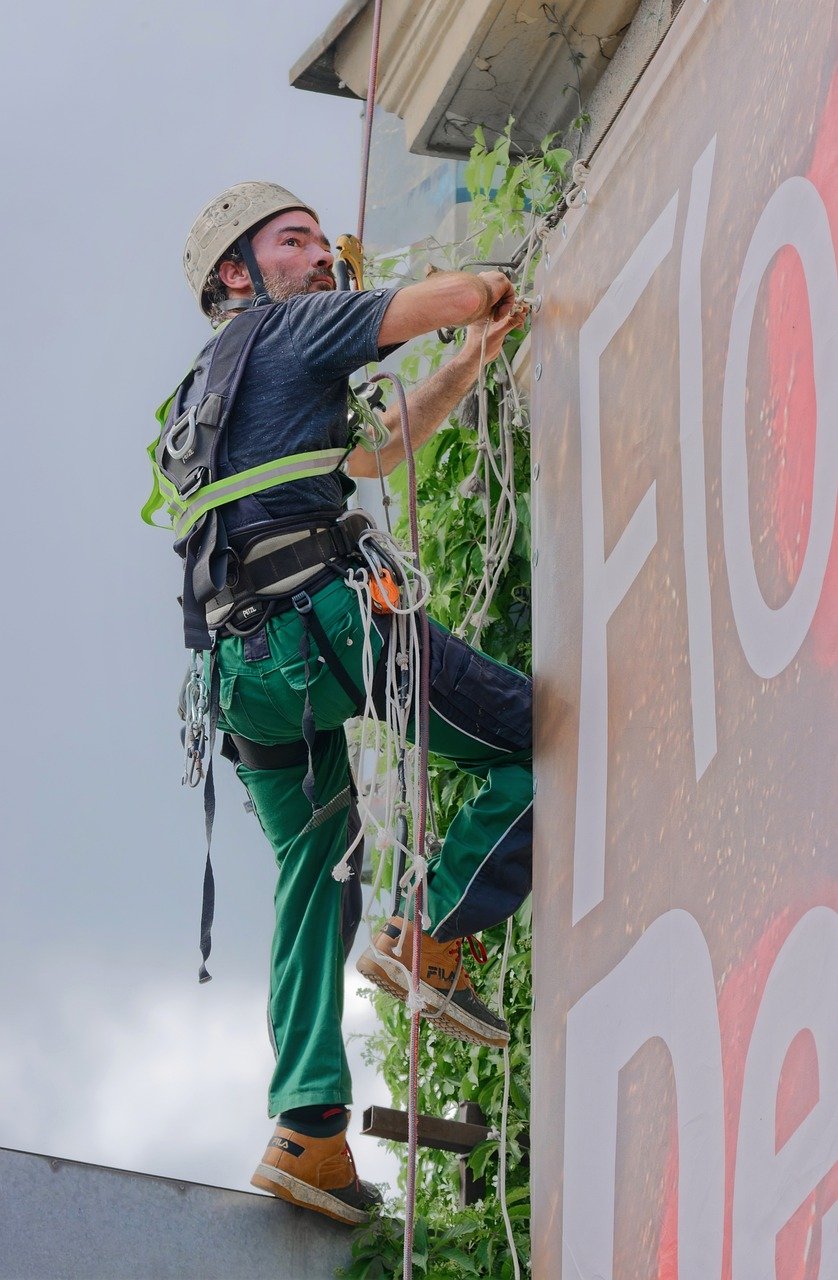 man, worker, helmet, tools, working, cables, canvas, walla, building, advertising, job